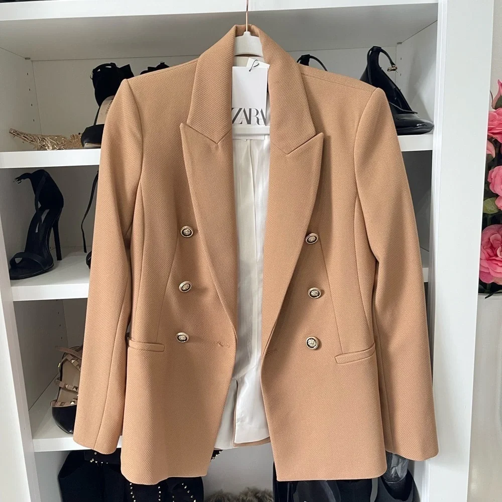 NEW WOMAN DOUBLE-BREASTED PIQUÉ BLAZER TAILORED JACKET CAMEL  XS